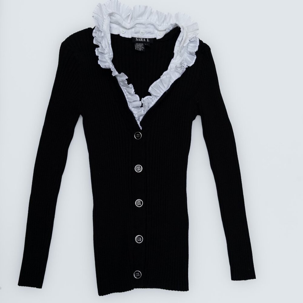 Vintage 1990's Black and White Ruffle Collar Sweater Shirt